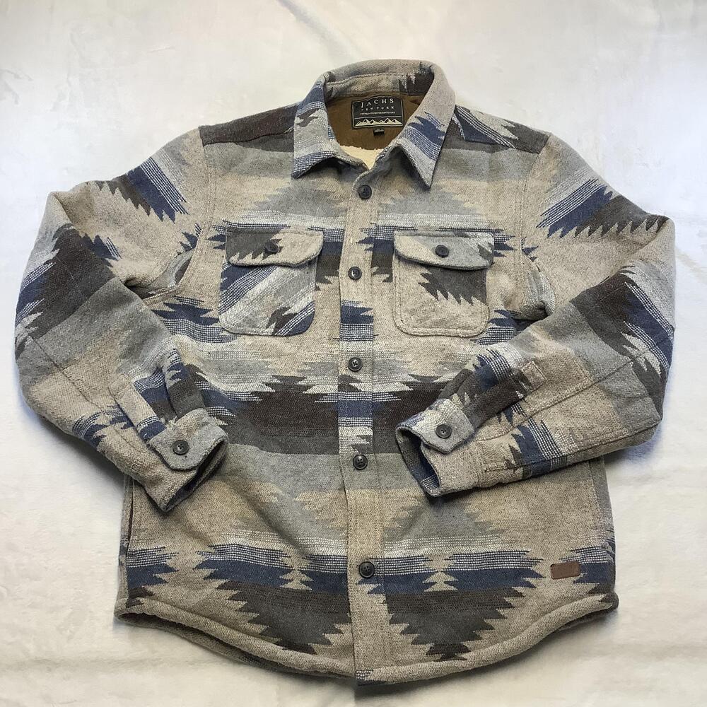 JACHS New York Shirt Jacket Mens Medium Gray Sherpa Fleece Lined Southwestern